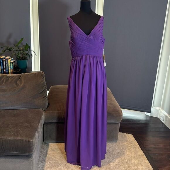 Purple Chiffon Full Length Bridesmaid Formal Dress V-Neck CorsetBack Size 14 NWT - Picture 1 of 11